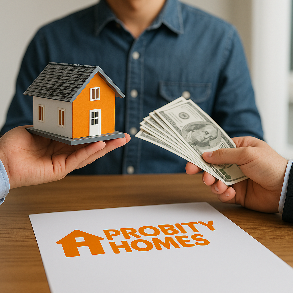Professional real estate transaction showing house model and cash exchange with Probity Homes branding