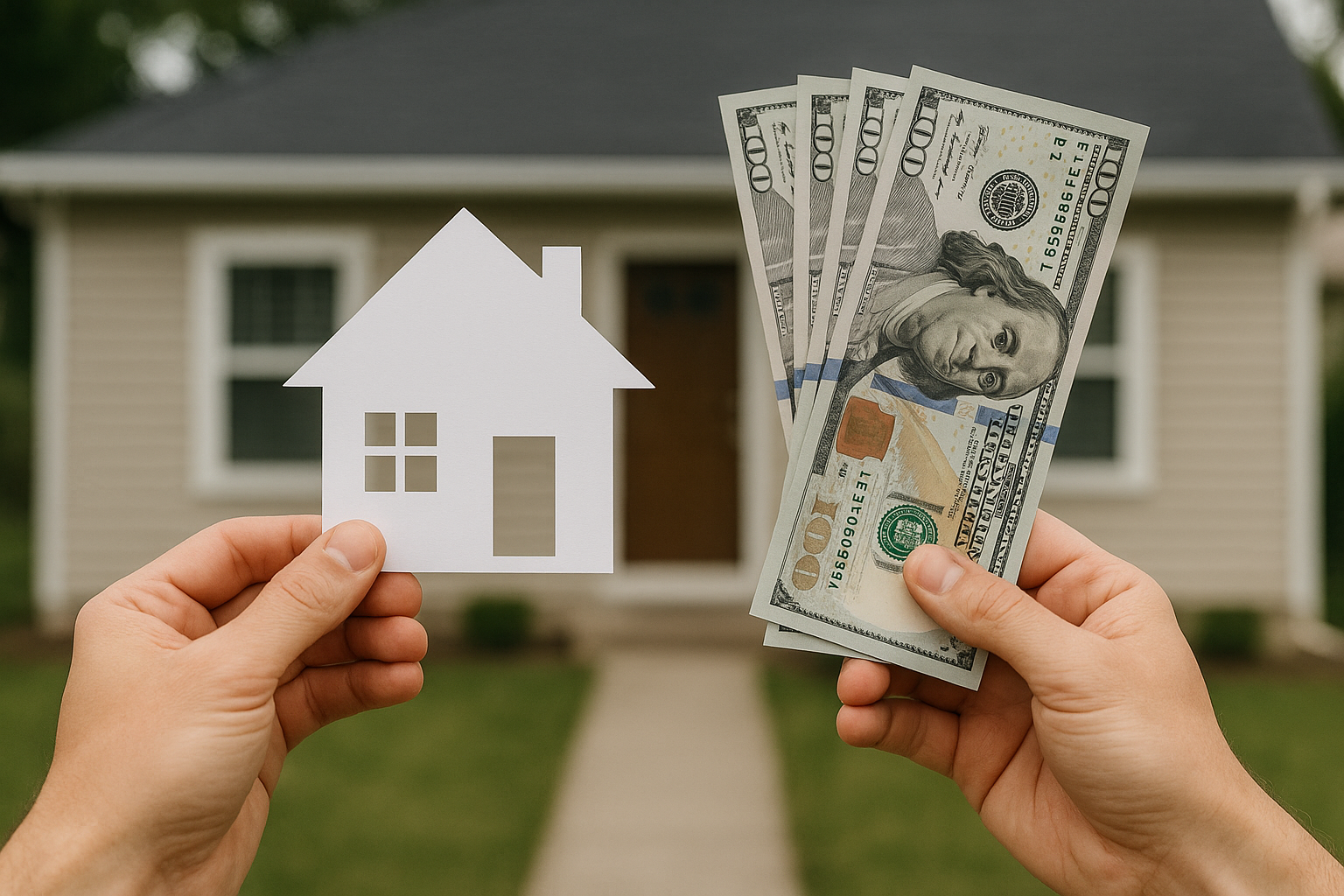 Hands holding paper house and cash representing fast cash home sales