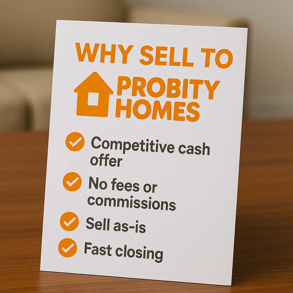 Why Sell to Probity Homes benefits card showing competitive cash offer, no fees, sell as-is, and fast closing